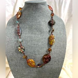 Wire Wrapped Necklace Handmade With Crystals of Various colors, Measures 24” in